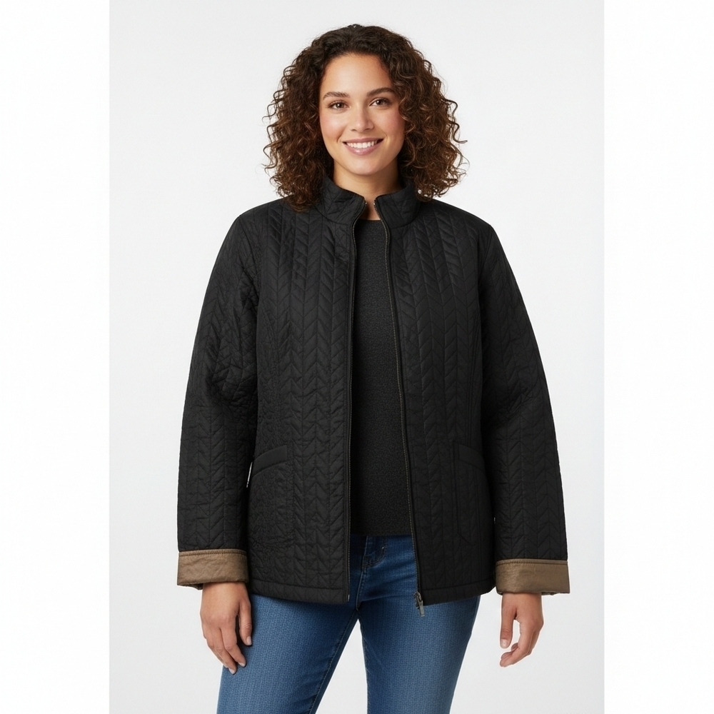 Lane Bryant Black With Bronze Accents Quilted Zip Front Jacket Size 20W